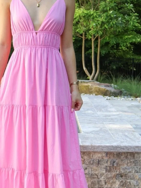 Women’s Pink V-Neck Tiered Maxi Dress - Picture 2 of 4